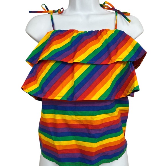 Vtg Rainbow Shoulder Tie Crop Top Sz 8 Tiered Ruffles Stripes Maximalist Bold - Picture 1 of 6